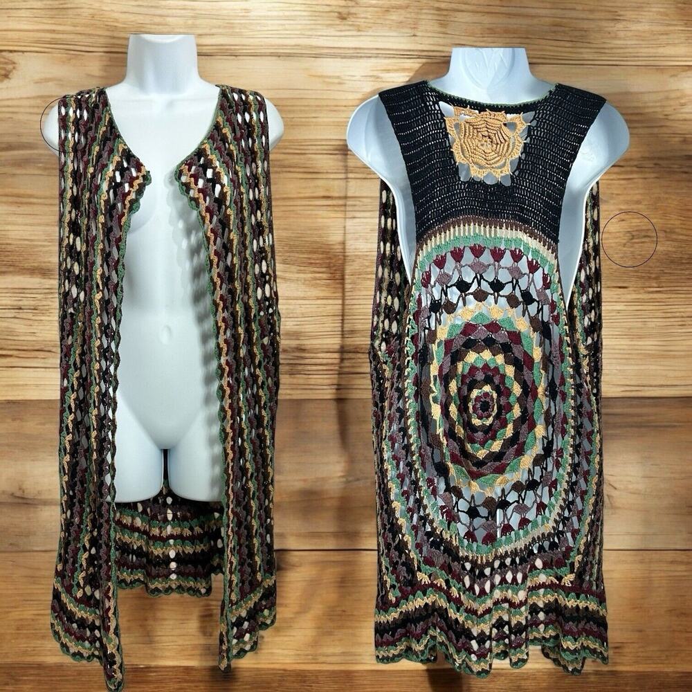 Women's Boho Bohemian Knit Vest Sz Small Long Hippie Granny Neutrals Neon Hart